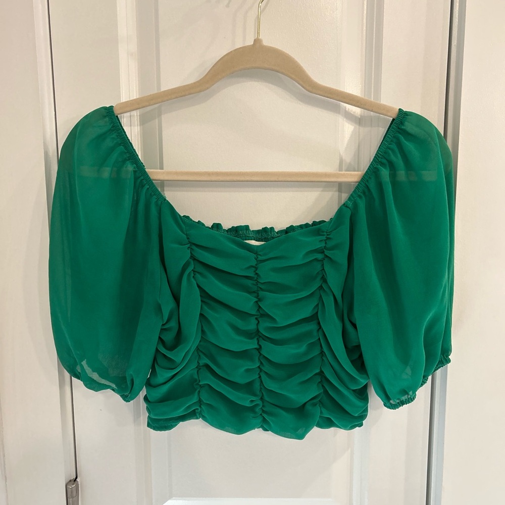 Altar’d State Green Puff Sleeve Ruched Crop Top